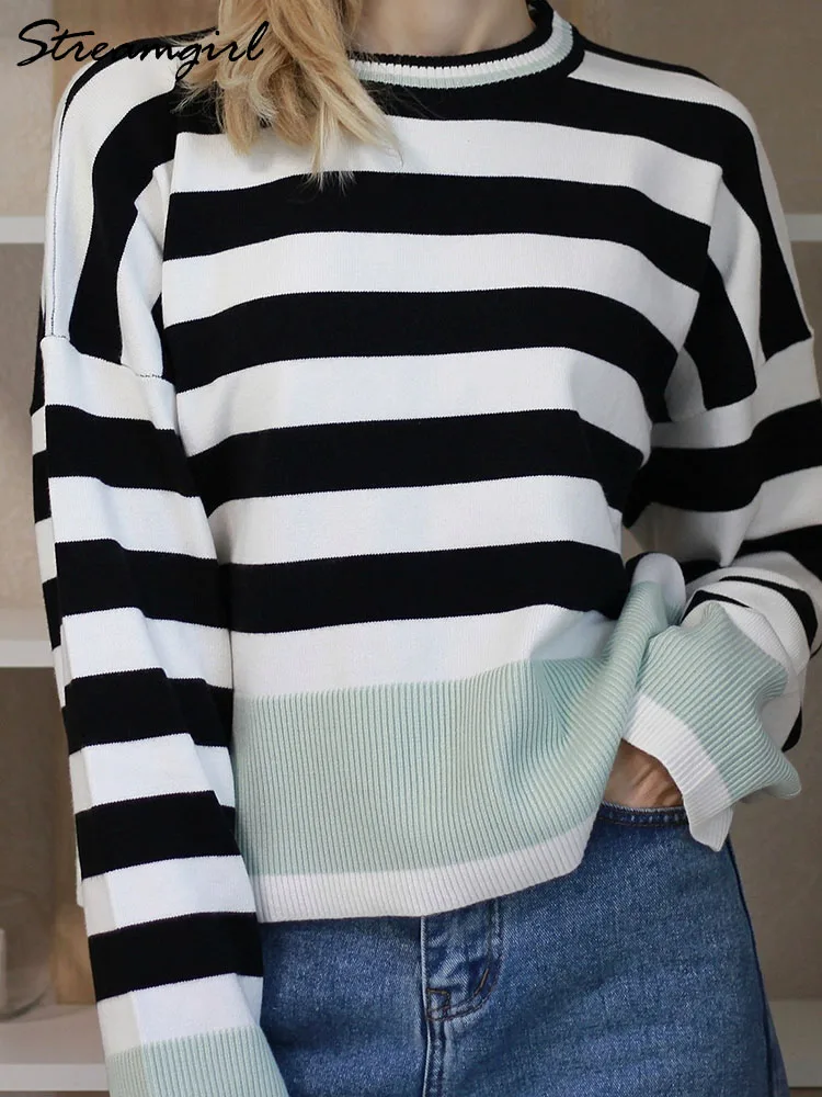 Autumn Winter Oversized Striped Sweaters For Women Loose Jumpers O Neck Knitted Tops Ladies Office Women Sweaters Orange 2024