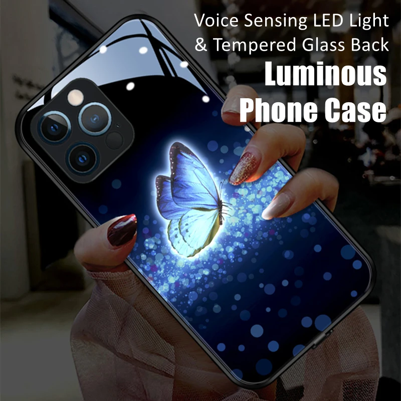 

Funny Butterfly LED Light Glowing Luminous Tempered Glass Back Phone Case for OPPO Reno 4 5 6 7 8 9 Find X5 Realme X50 Pro Plus