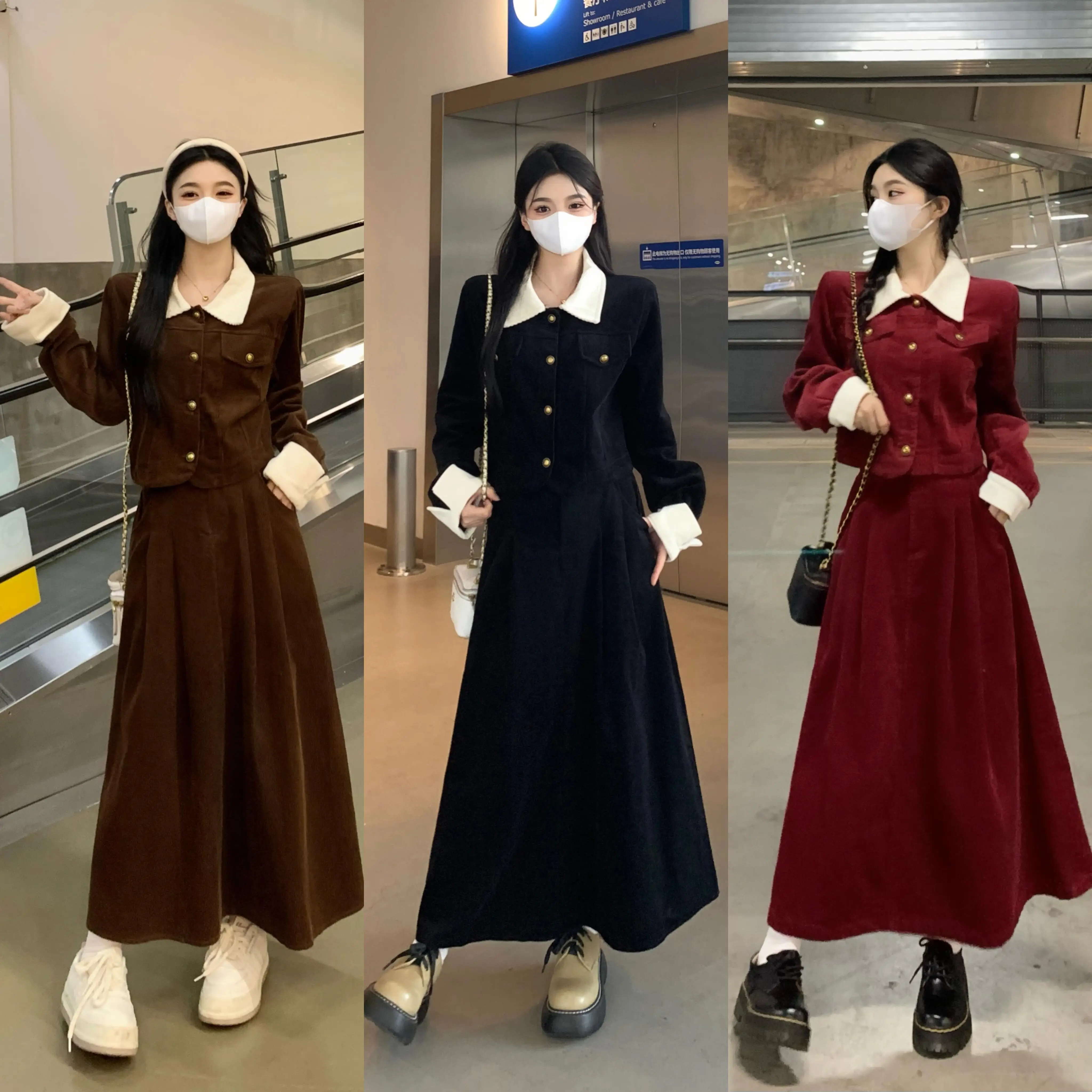 Real Shot Plus Size Contrasting Color Jacket + Skirt Two-piece Set Autumn Winter Elegant Doll Collar Classic Style Corduroy Suit