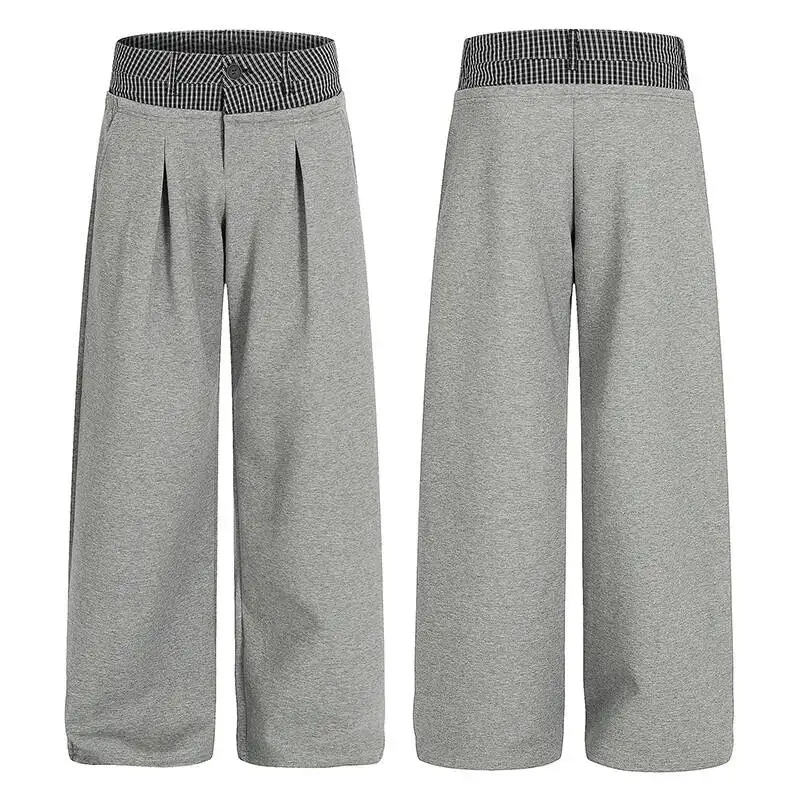 Waisted Faux Double Two Piece Design Men's Colorblock Sweatpants Relaxed Drapey Wide Leg Trousers Grey Fashion JOR9