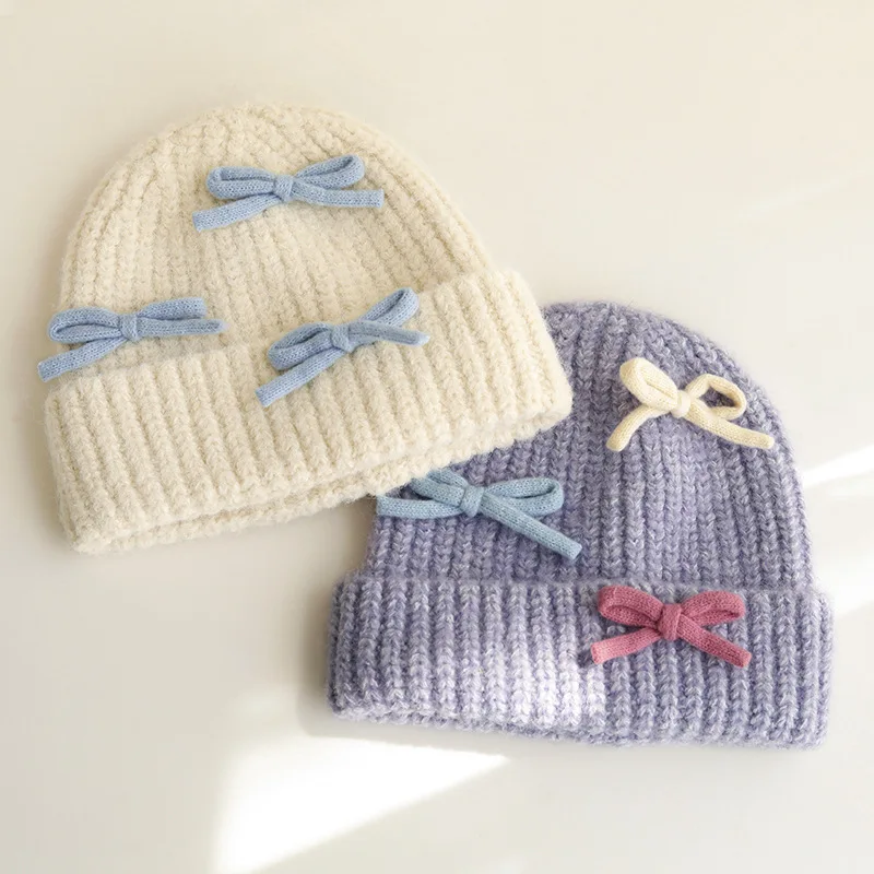 

Ladies' Beanies Korean Kawaii Contrasting Colors Dopamine Bow Sweet Cute Thicken Warm Ear Protection Pullover Hats For Girl