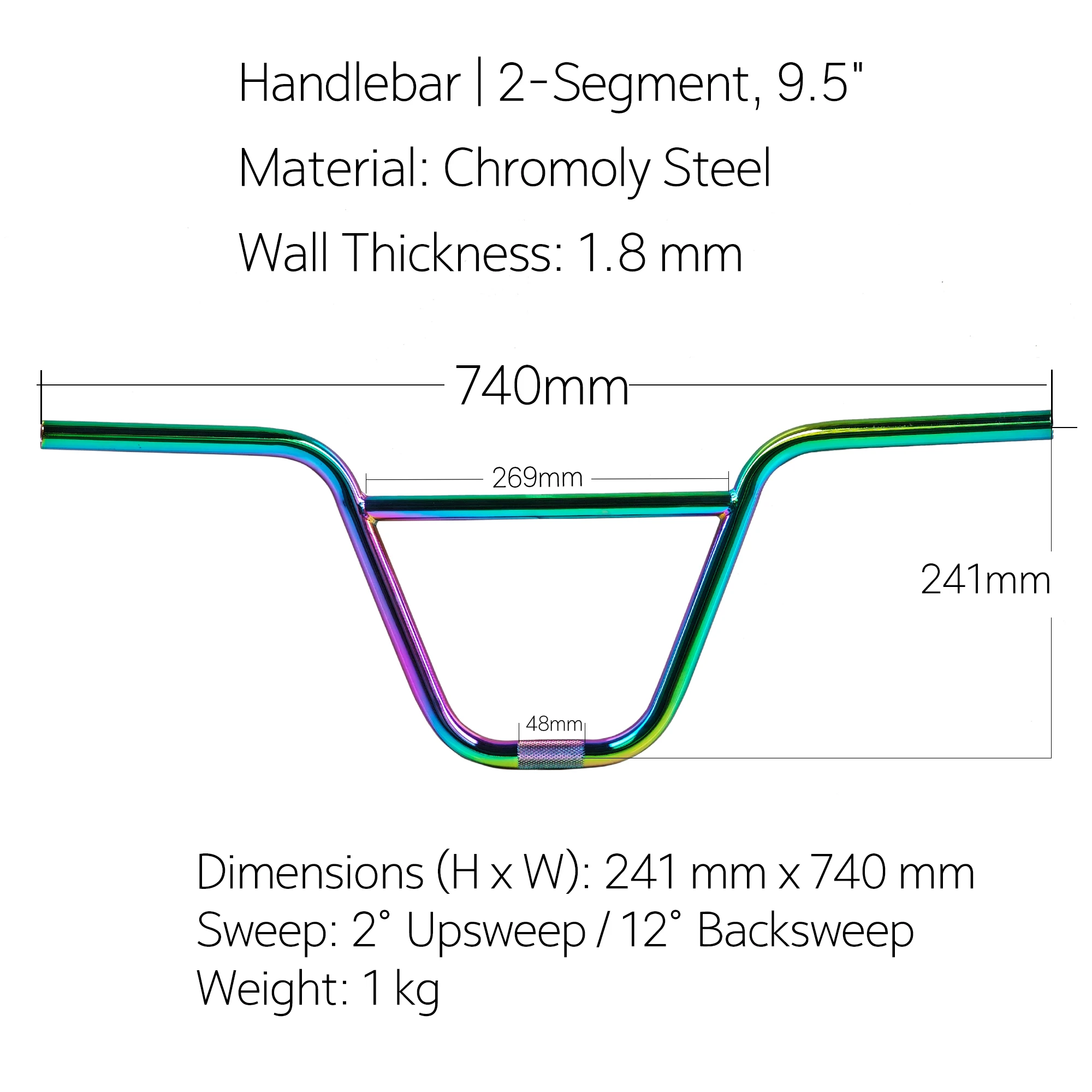BMX Freestyle Stunt Bike Professional 2-Piece Chromoly Handlebar - 740mm Width, Glossy Color/Black/Silver/Oil Slick