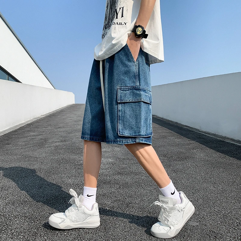 Summer New Baggy Denim Shorts Men\'s Pocket Jeans Elastic Waist Casual Blue High Street Drawstring Short Pants Streetwear