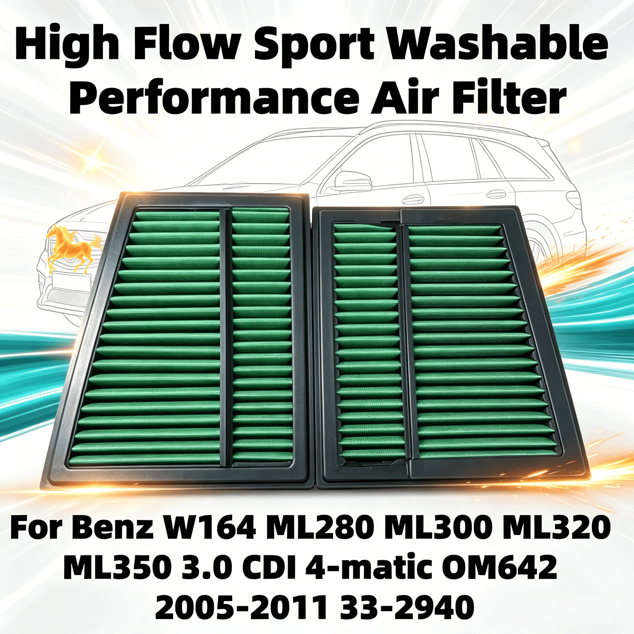 

High Flow Sport Washable Performance Air Filter For Benz W164 ML280 ML300 ML320 ML350 3.0 CDI 4-matic OM642 2005-2011 33-2940