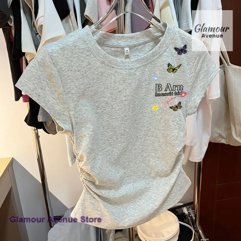 어깨 자수 꽃무늬 패션 반팔 티셔츠 여성 봄 여름 신상 패션 디자인 탑.