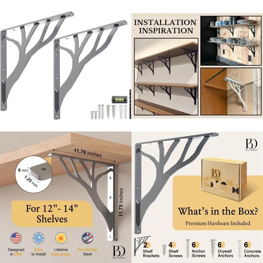 دعامات أرفف عائمة معدنية فضية مقاس 12 بوصة على شكل شجرة ريفية شديدة التحمل، دعامات على شكل حرف L من الحديد المزخرف لديكور المنزل