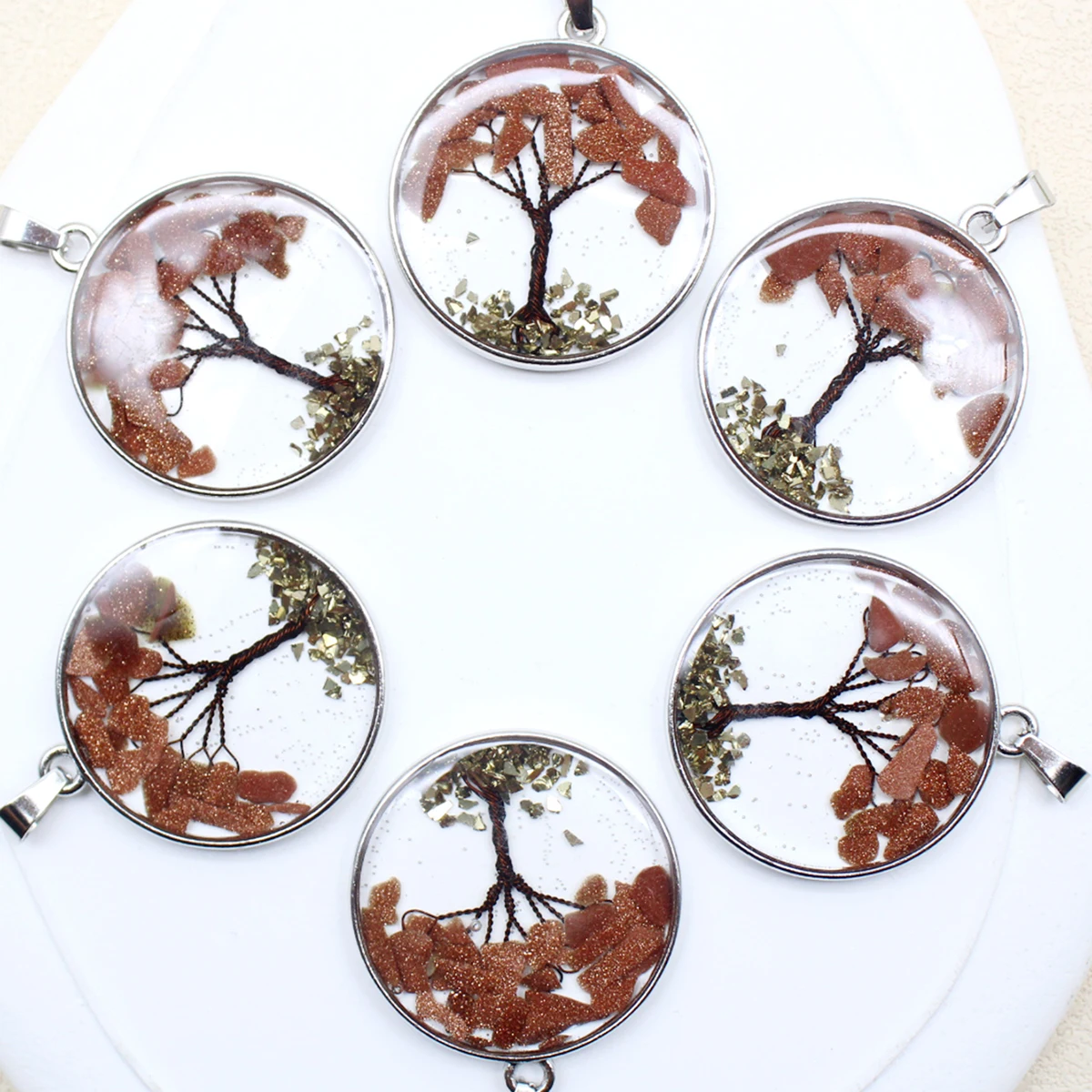 6Pcs Mix Natural Stone Amethyst Lapis Lazuli Shell Tree Round Tree of Life Pendant for DIY Making Necklace Earrings Accessories