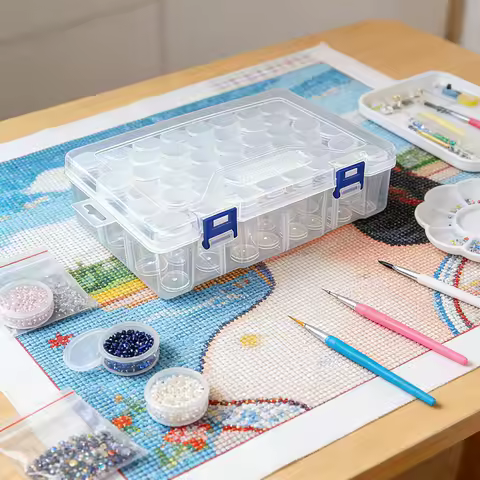 Clear Plastic Diamond Painting Cross Stitch Accessories Storage Box Set - 24/48/60 PCS Round Jars With Organizer Case Easy View