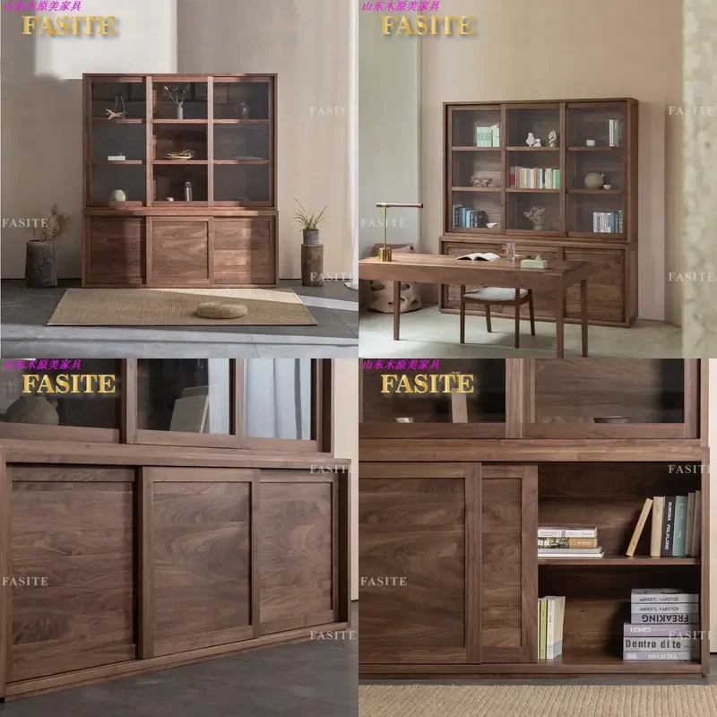 For Nordic Simple Black Walnut Display Cabinet All Solid Wood Glass Door Combination Bookcase Integrated Wall Storage Cabinet