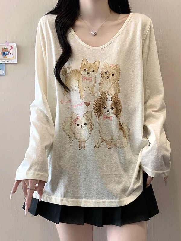 

Повседневная свободная летняя футболка больших размеров с длинными рукавами и круглым вырезом, с принтом собаки, защита от солнца, модная женская одежда больших размеров