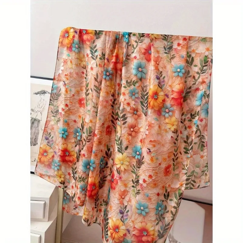 Lightweight Large 100% Mulberry Silk Scarf for Women Oblong Shawl Neck Scarf Beach Wrap Headscarf Gift Pack Orange Floral Print