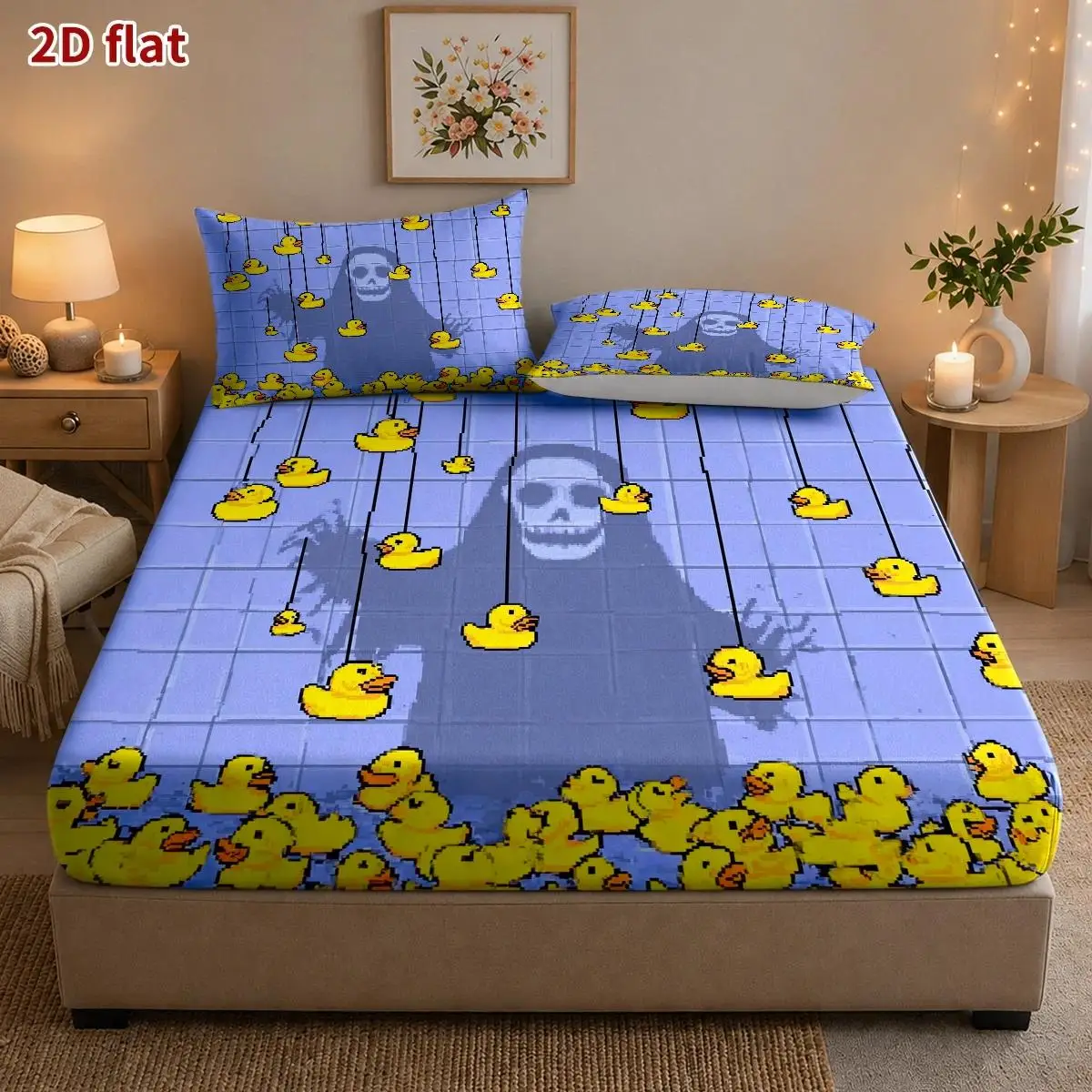2D Digital Printed Three-Piece Bedding Set (Includes 1 Fitted Sheet + 2 Pillowcases) Mattress Protector, Fitted Elastic Style, Protective Cover, 2D Flat Priting, Mattress Protector, Angel Party Theme, Skull Rain Duck Halloween Decoration, Must-Have for Ambiance, Suitable for All Seasons, Machine Washable Design, Holiday Decoration, Various Sizes, Breathable Protective Cover Plus Pillowcase