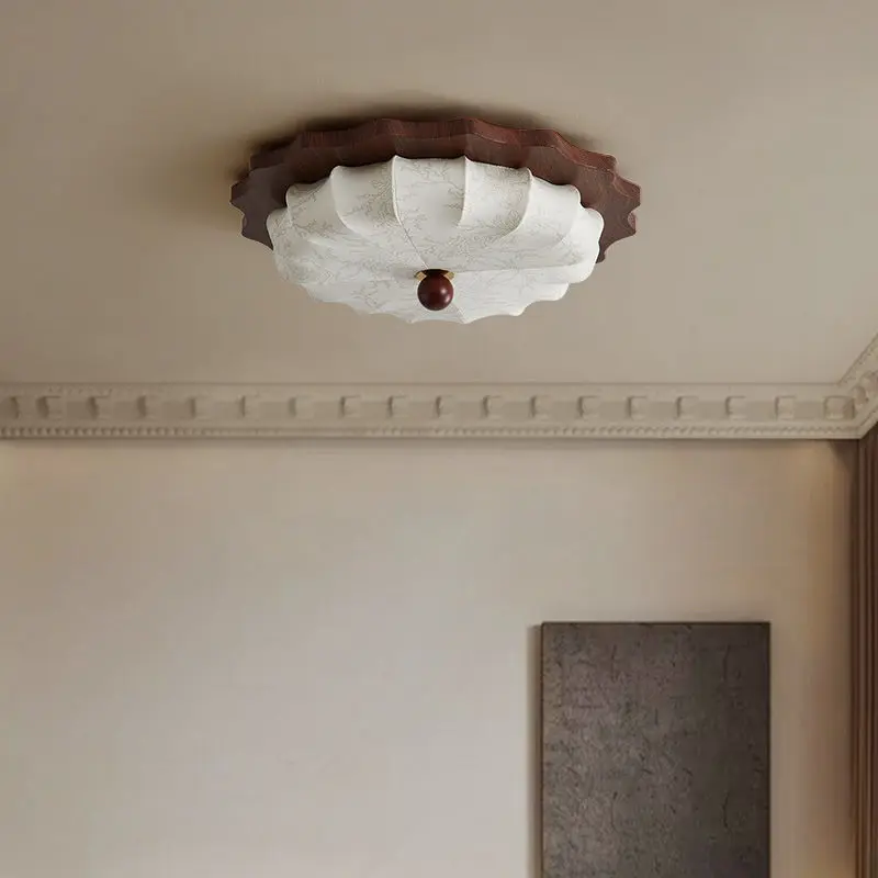 European vintage style ceiling lamp, retro walnut wood fabric eye friendly lamp