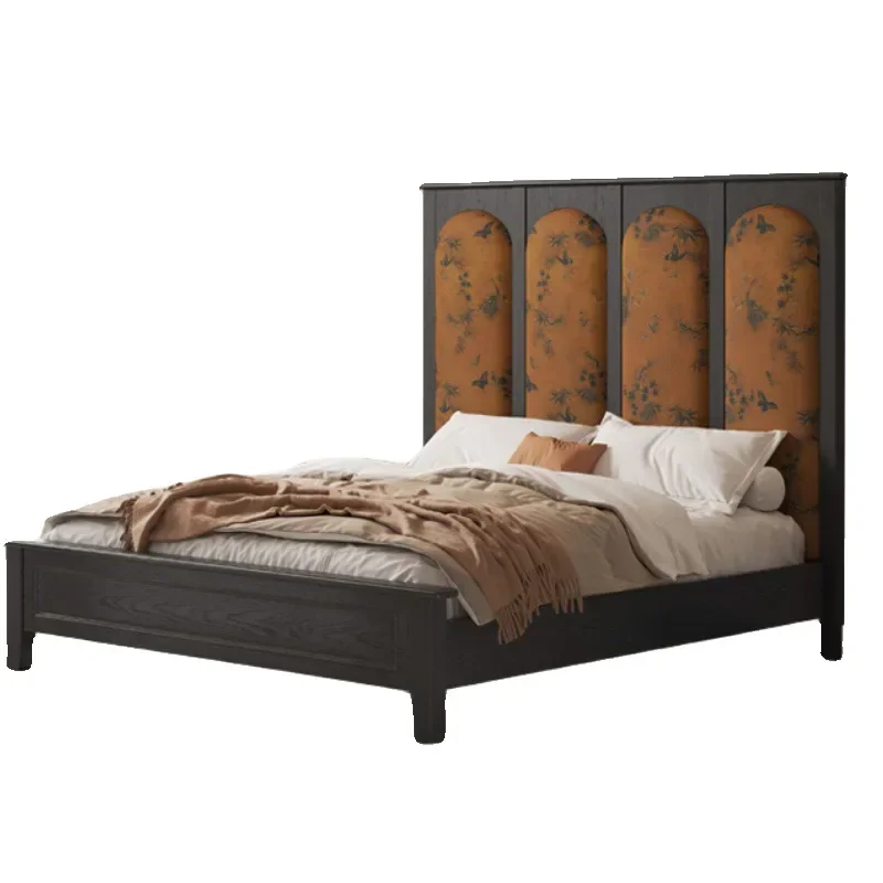 

American retro solid wood 1.8 meters double bed French country high backrest soft bag bed