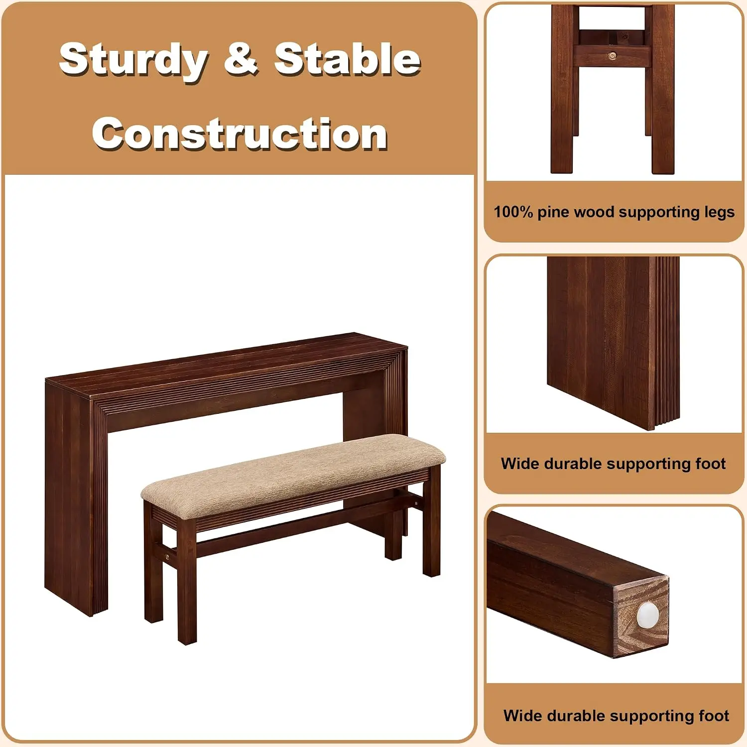 Counter Height Bar Table Set for 2 with Stools, Sofa Console Table for Kitchen & Living Room, Walnut, Customized