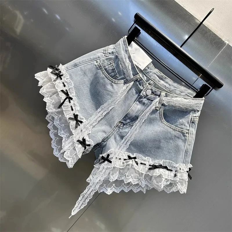 Women's 2026 New Denim Shorts High Waist Embroidered Lace Splicing Loose Versatile Wide-leg A-shaped Hot Pants