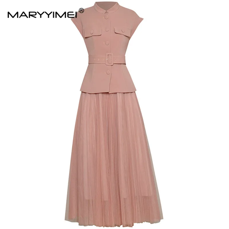 MARYYIMEI Fashion Designer Set Summer Women Stand collar Single-breasted Slim Top+Elasticity A-line mesh Skirts 2 Pieces Suit