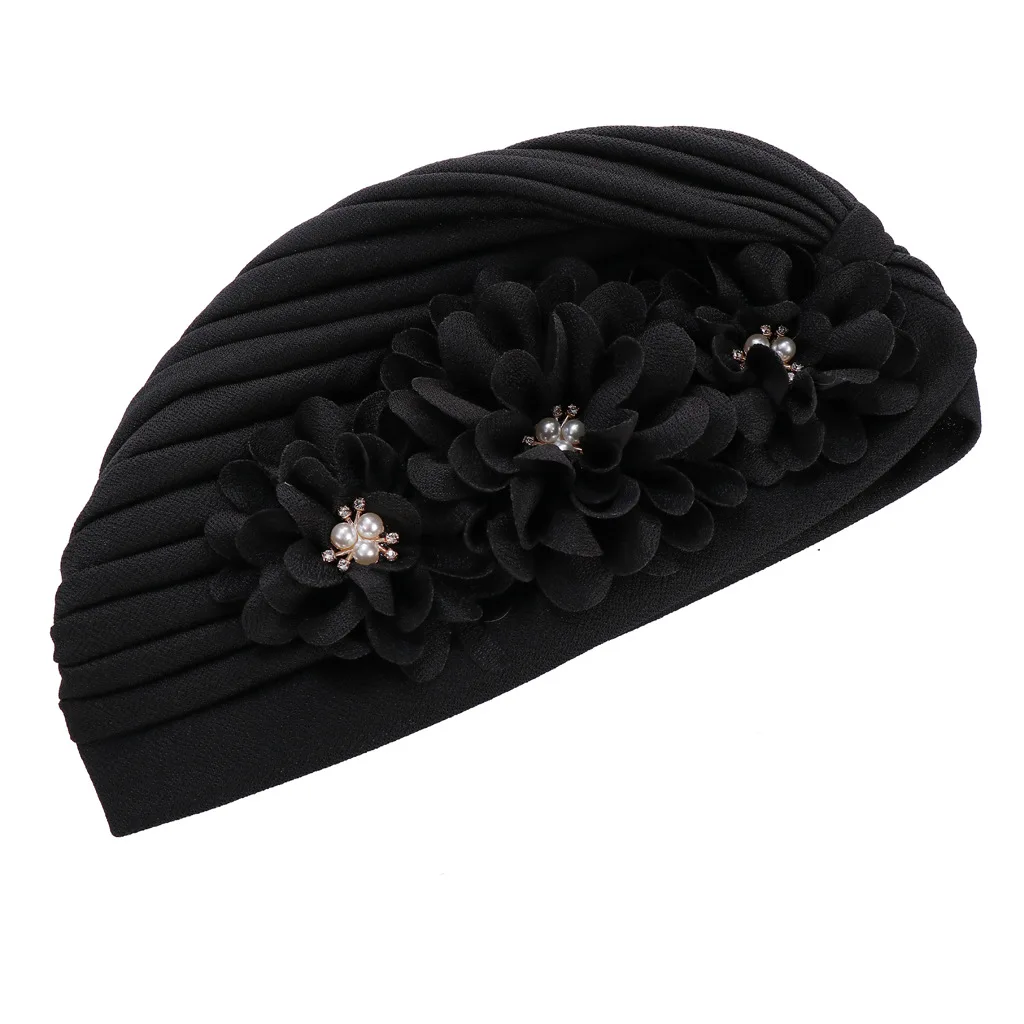 Women Flowers Ruffle Turban Caps Muslim Elastic Pearls Headscarf Bonnet Ladies Hair Accessories Indian Cap Turbante Mujer