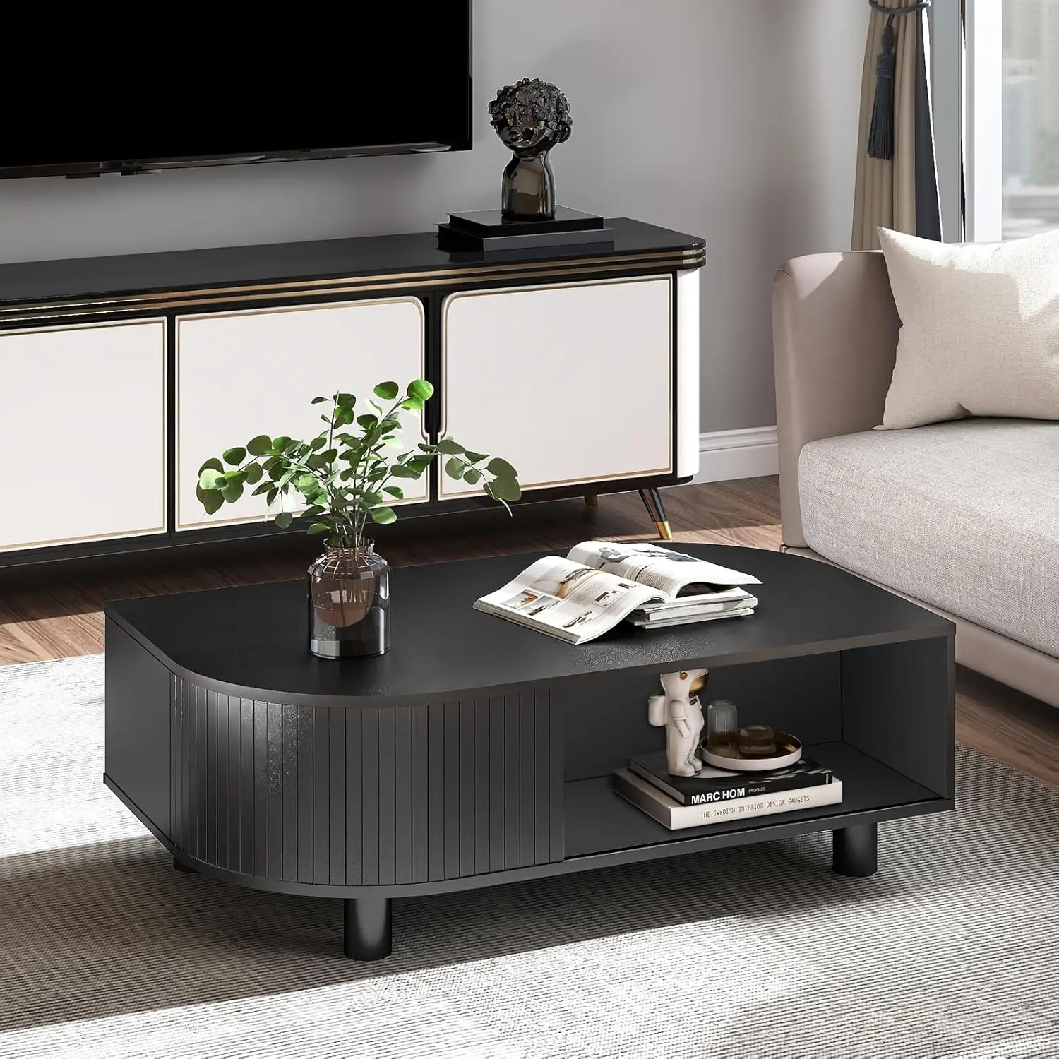 

Modern 39.4" Coffee Table with Storage- Leaf-Shaped Wood Center Table with Storage, Retro Fluted Central Table, Customized