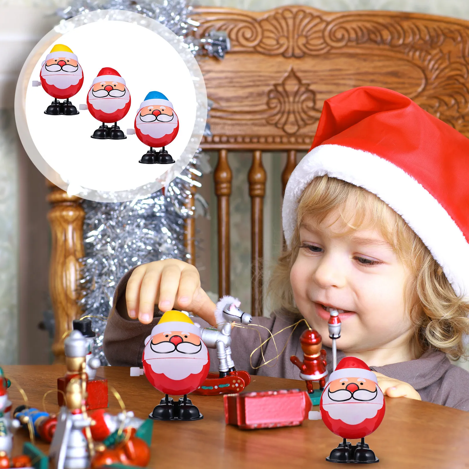 3 szt. Świąteczny nakręcany Święty Mikołaj, chodzący mini nakręcany zestaw do zabawy dla dzieci, urocze upominki na przyjęcia, wypełniacze do skarpetek