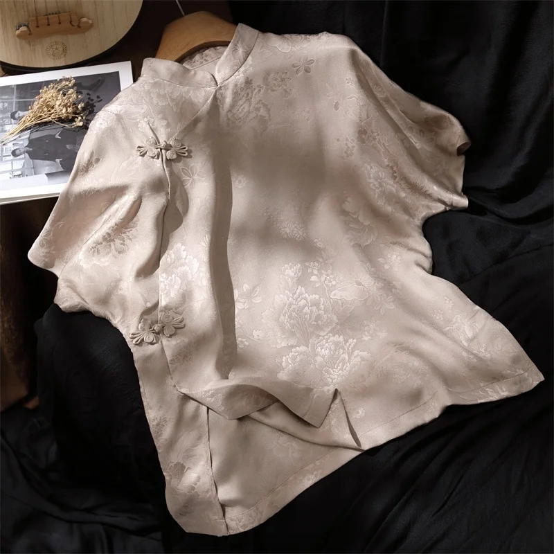 

New Chinese Style Silk Shirt Women's National Style Stand Collar Short Sleeve Silk Small Shirt Fayinyoo T14644