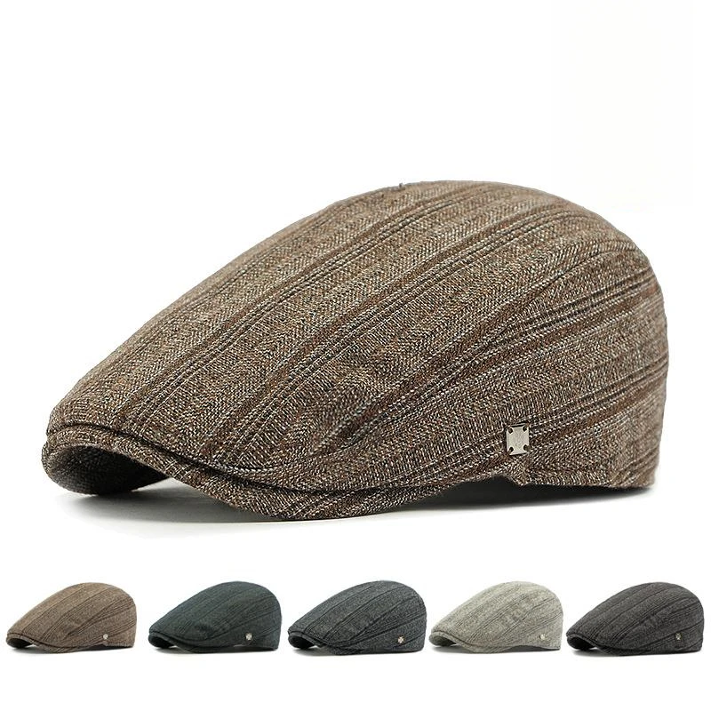 Men's Striped Beret Hat Warm Fleece Lined Cotton-Blend for Autumn & Winter Adjustable Size 56-60cm