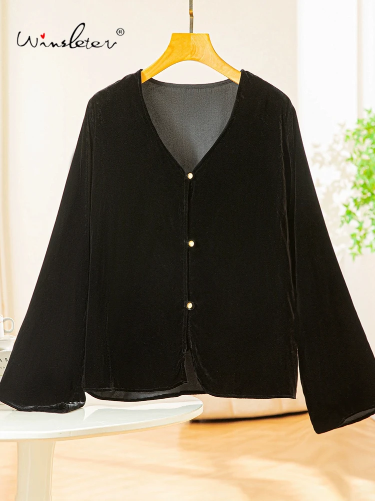 

Winsleter — женское элегантное бархатное пальто из 100% натурального шелка, расклешенные рукава с V-образным вырезом, свободное короткое пальто в стиле ретро, осень 2023, C5O541CC
