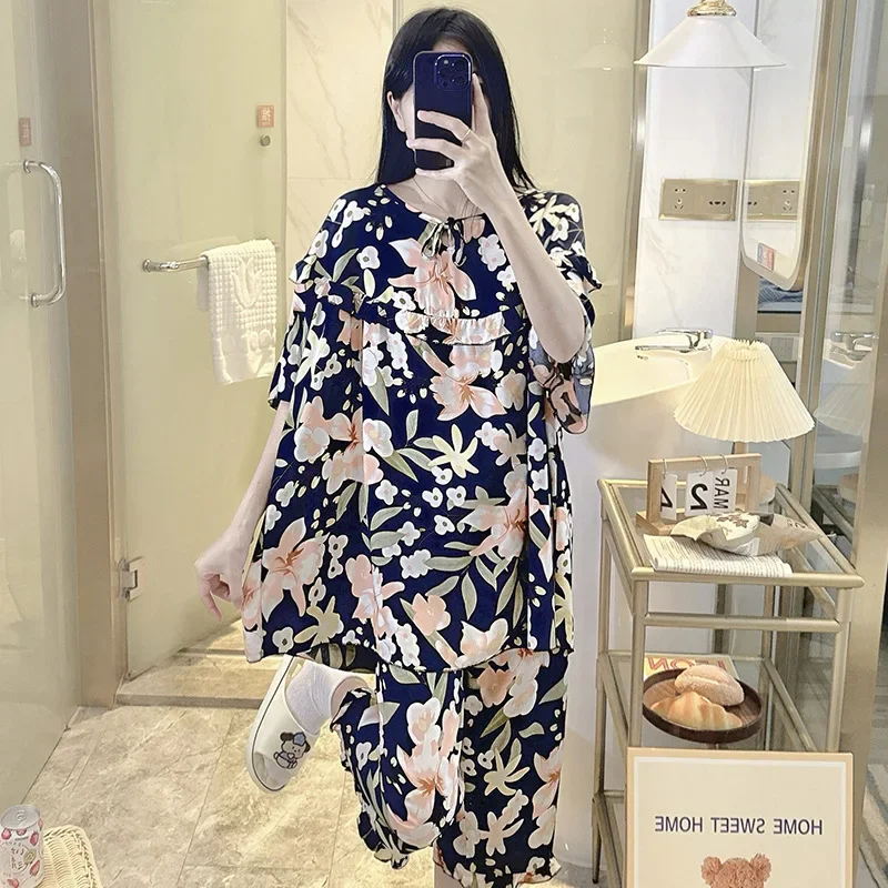 Set piyama Satin wanita motif bunga celana pendek lengan pendek setelan 2 potong pakaian santai piyama wanita piyama pakaian tidur Pj