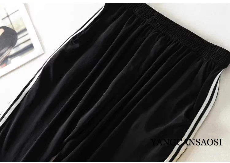 2025 Sports Style 100% Natural Mulberry Silk Double Crepe White Side Stripes (Non Silk) Black Women's Fashion Loose Casual Pants