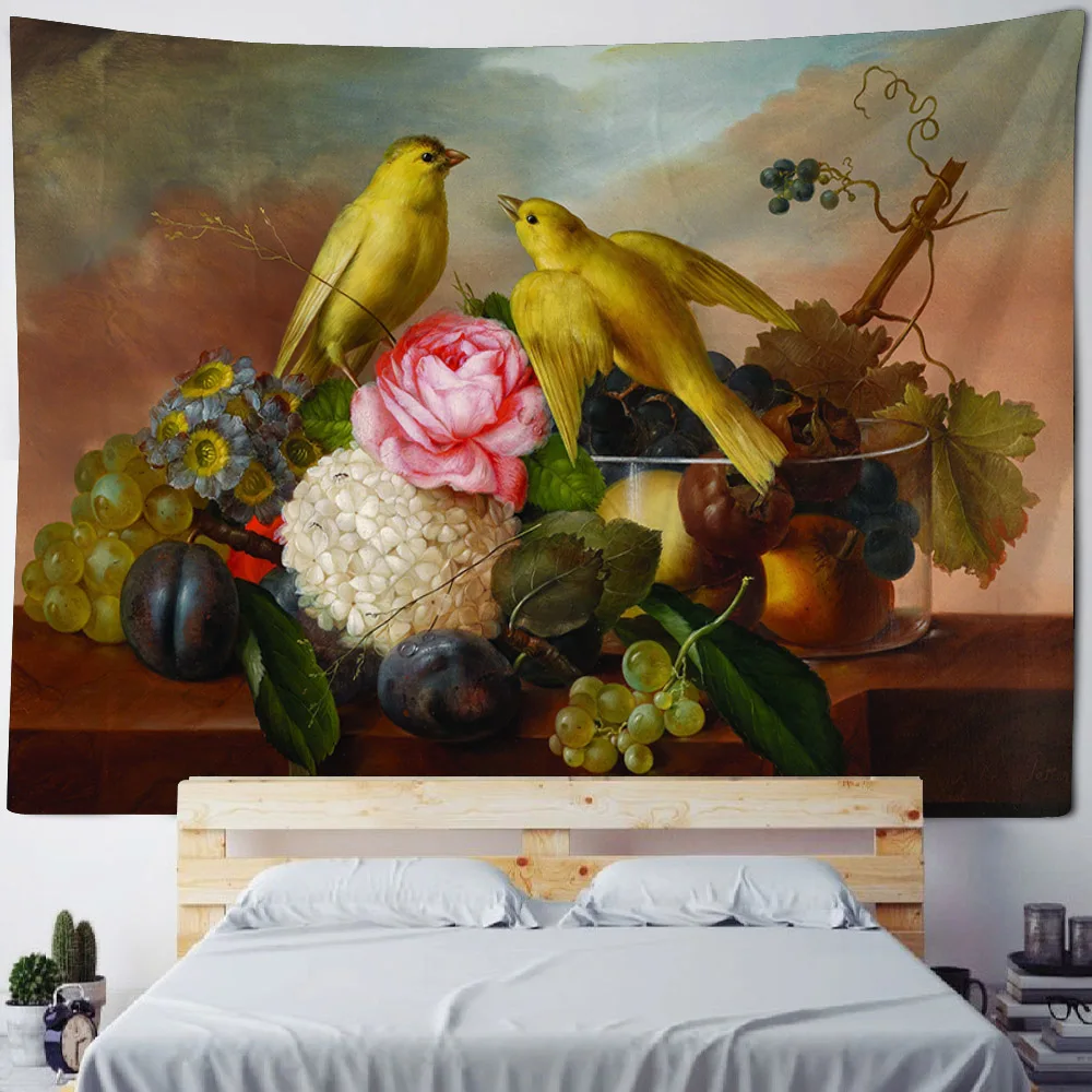 Flower and bird oil painting tapestry European retro art hanging cloth psychedelic scene wall hanging Bohemian home decoration