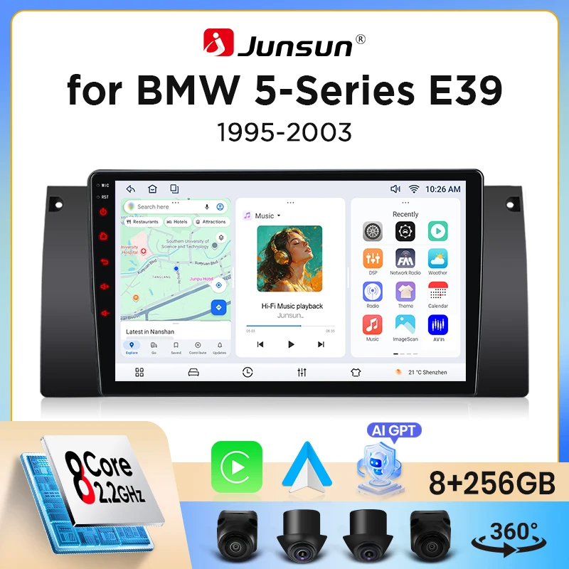 Autoradio Junsun sans fil CarPlay Android Auto pour BMW série 5 (E39) 1995-2003, ventilateur de refroidissement intégré, navigation GPS Android, lecteur multimédia, WiFi, DSP, RDS, BT, SWC, écran tactile IPS, autoradio, lecteur vidéo, unité principale, stéréo