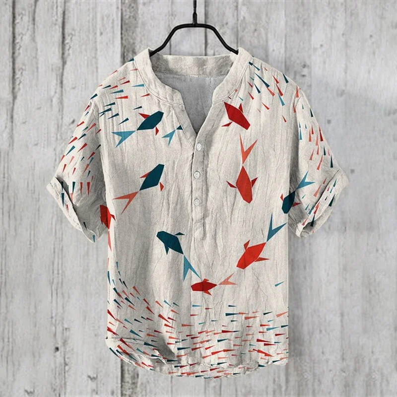 Men's casual V-neck shirt with short sleeves and Henry shirt art illustration printed top