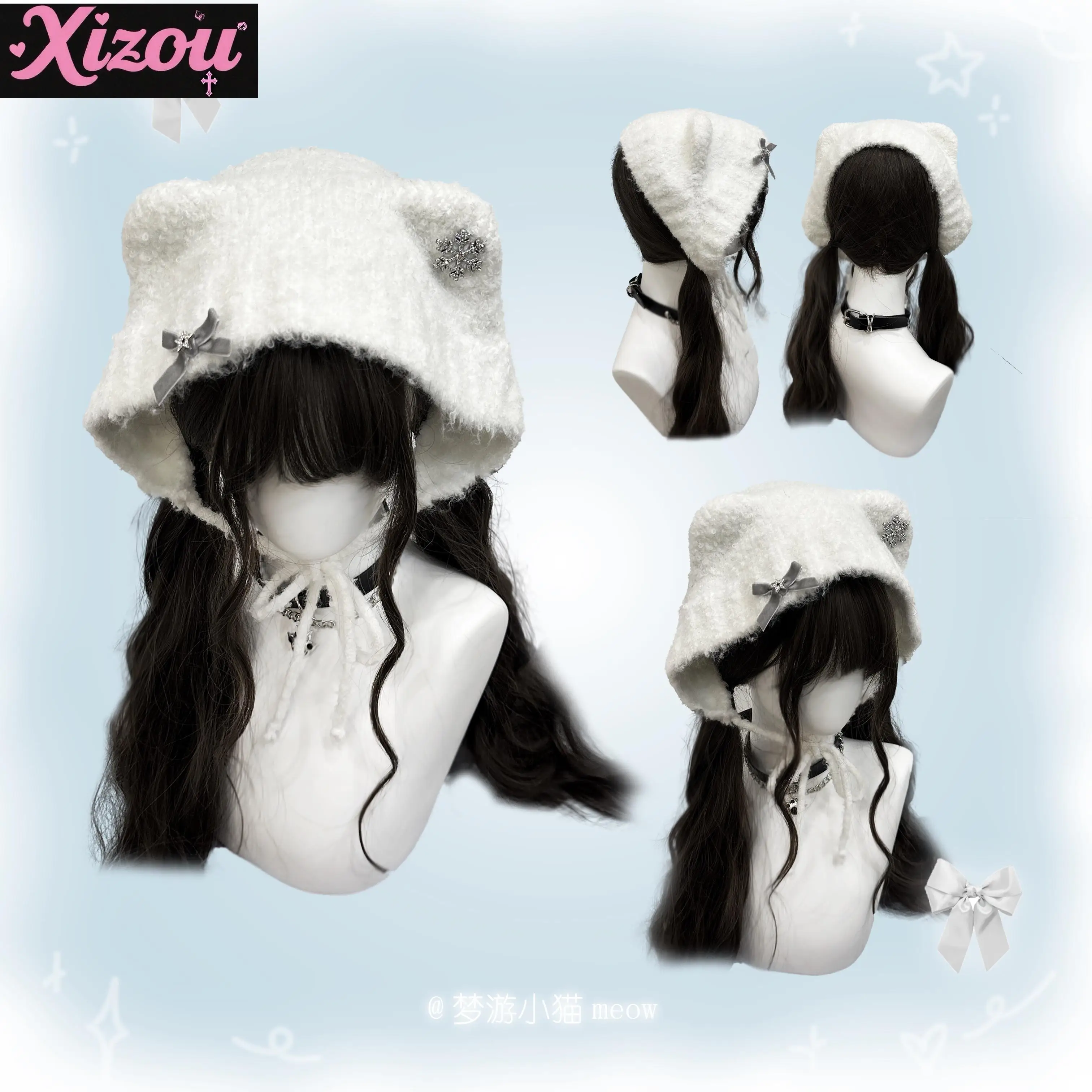 

Subculture y2k cat ear hat autumn and winter cute wool hat versatile face bow snowflake small warm ear protection knitted hat