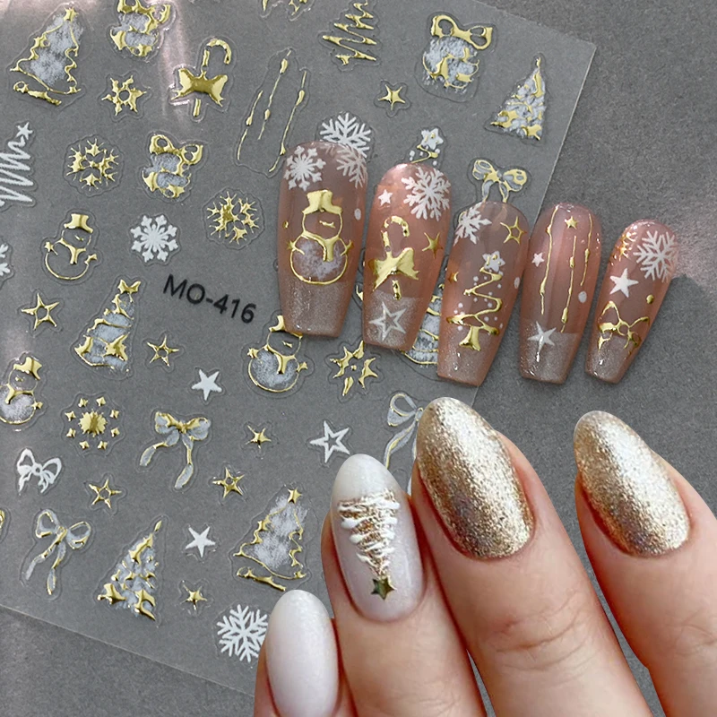 Gold Snowflake 3D Nail Sticker Bowknot Snow man Lovely Christmas Self Adhesive Nail Sliders Manicure Rhinestone Tree Nail Decals