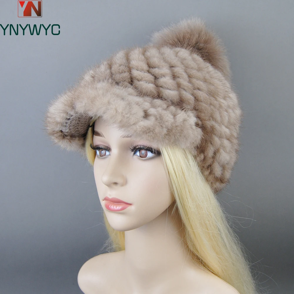 

New Women Fashion 100% Genuine Mink Fur Hats Russia Lady Winter Hand Knitted Real Mink Fur Hat Natural Warm Mink Fur Visors Cap