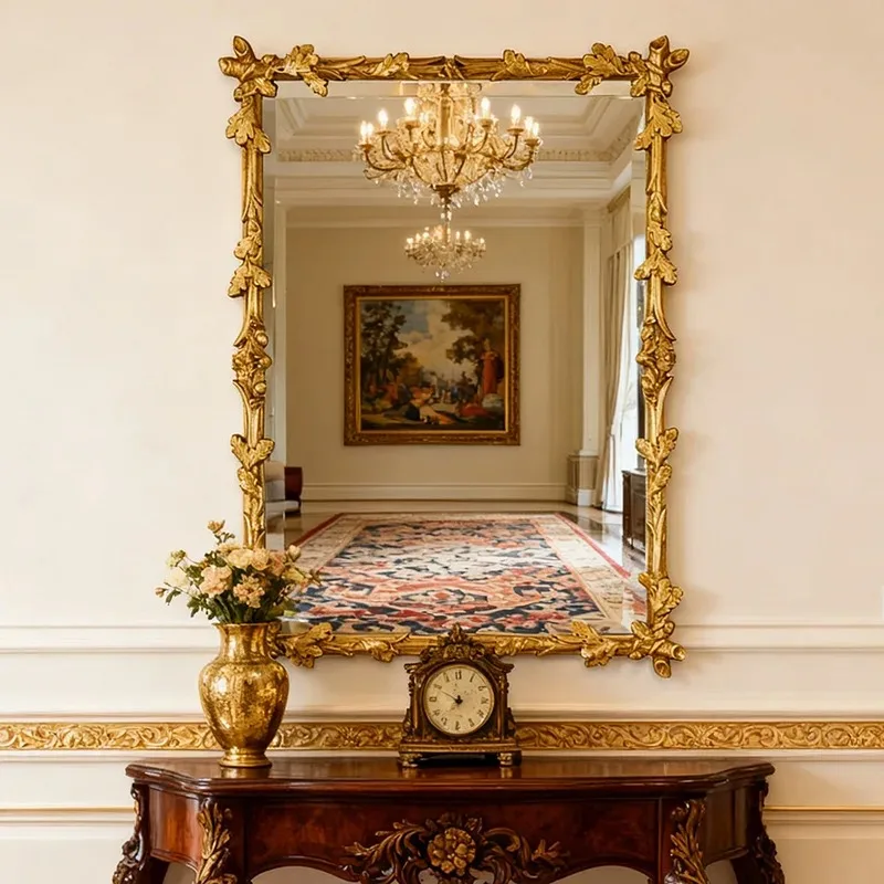European vanity mirror New Chinese mirror decorative wall-mounted bedroom wall-mounted vanity mirror Bathroom engraved bathroom