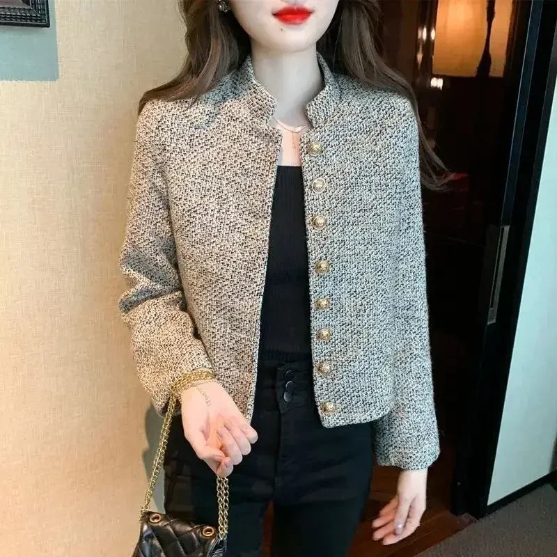 Women's Tweed Wool & Blends Coat Stand Collar Slim Fit Winter Clothes 2024 Ladies Jackets Luxury High Quality Autumn Trendy Hot