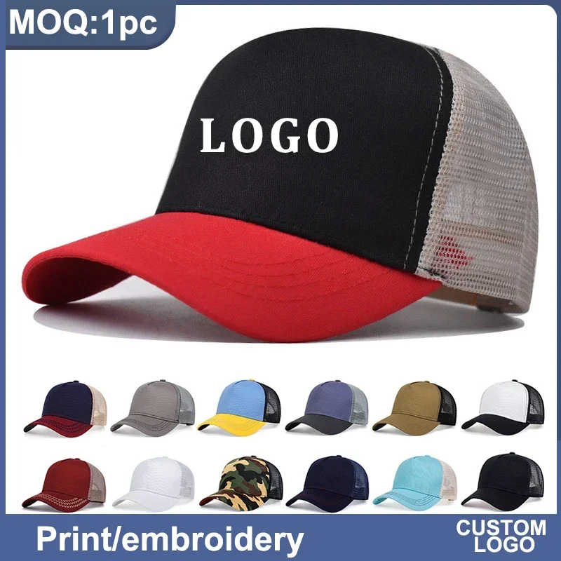 Custom Trucker Hat Logo Cotton Mesh Breathable Baseball Cap Women Men Summer Sunshade Mesh Cap 5 Panels Truck Hat Cap Wholesale