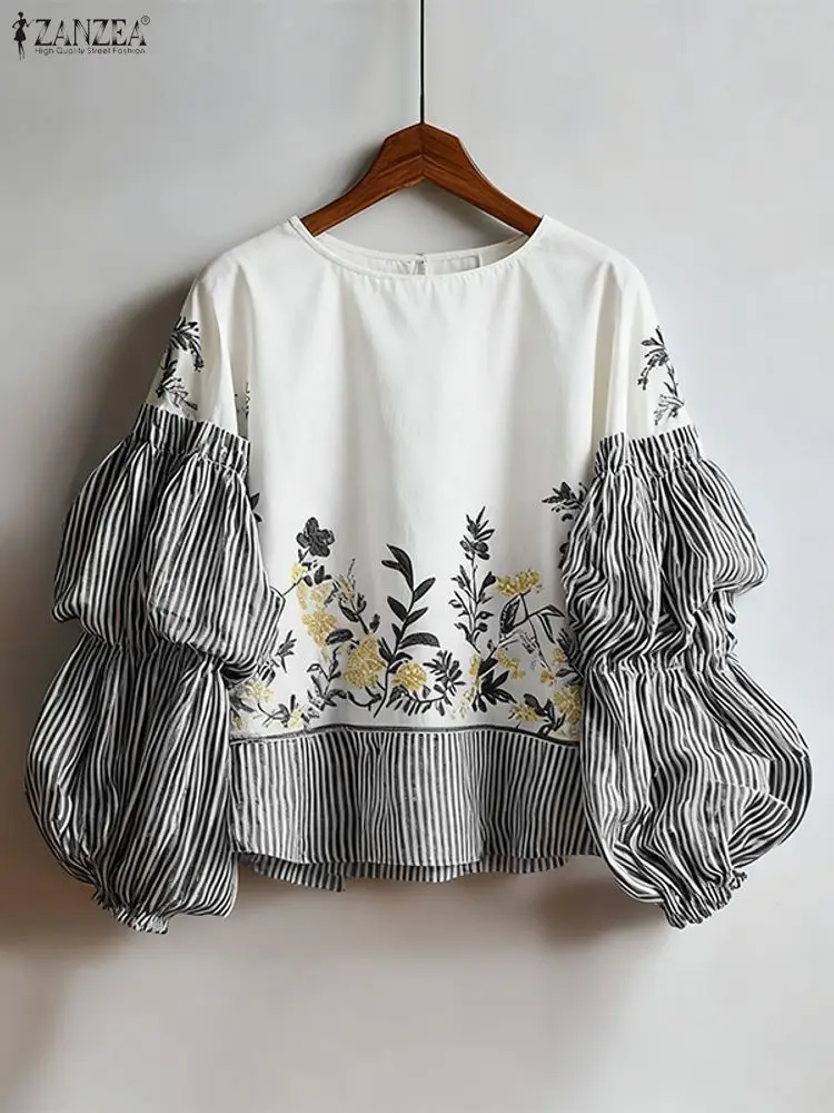 ZANZEA Fashion Lantern Sleeve Blouse Women Striped Floral Print Tunic Tops 2025 Autumn Casual Long Sleeve Elegant Office Shirts