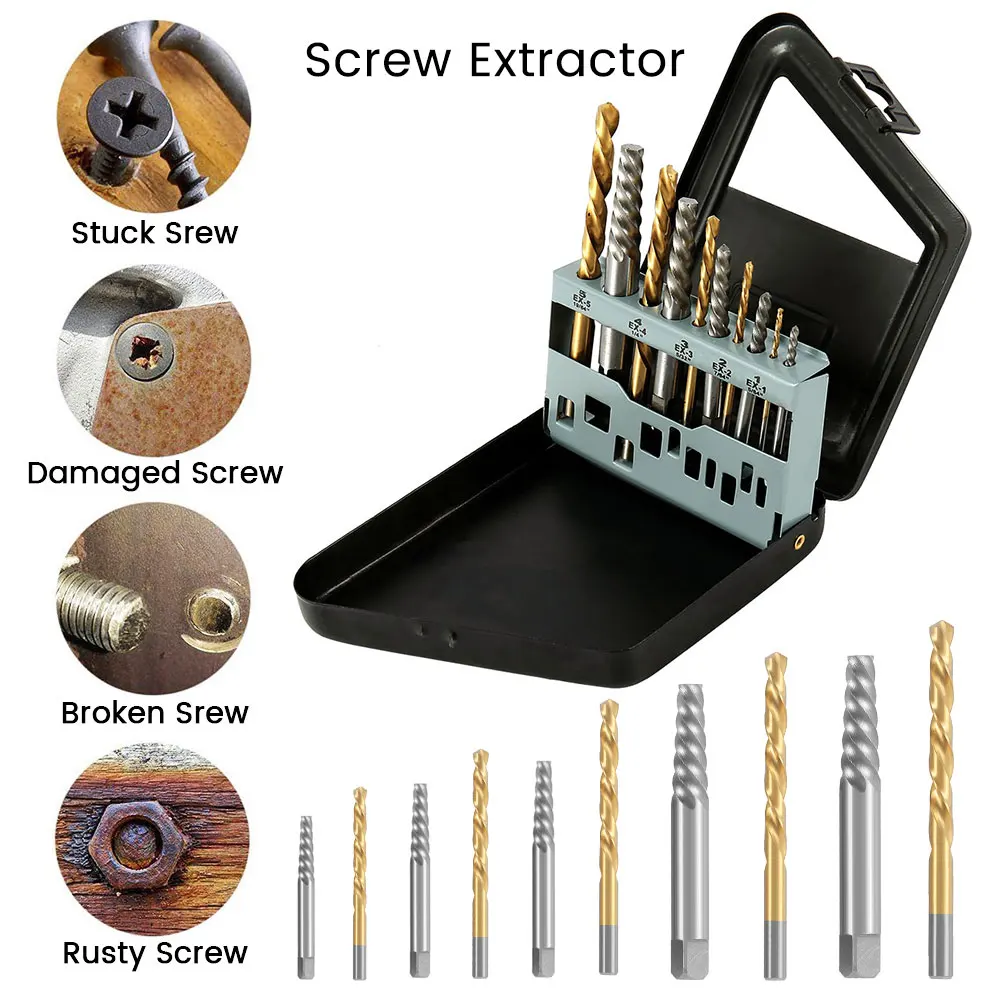 10Pcs Damaged Screw Extractor Set Multiple Size Screw Remover Tool Kit Stripped Bolt Extractor Kit for Damaged Broken Frozen