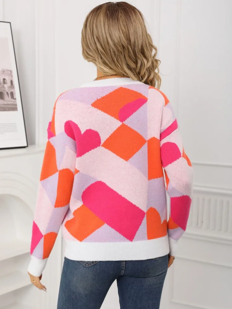 Herfst Vrouwen O-hals Ruches Trui Lange Mouw Gebreide Dieptepunt Valentijnsdag Afdrukken Truien Vrouwen Casual Trui Winter