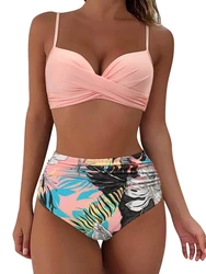 Bikini Push Up Swimsuit Women Sexy Solid Swimwear Female Floral Bathing Suit Ruched Beachwear XL High Waist Bikini 2023 Woman