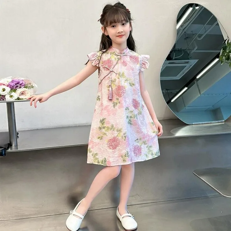 2025 여름 새로운 Vinatge 중국어 Qipao 꽃 소녀 드레스 당나라 정장 아동 의류 키즈 Hanfu 꽃 인쇄 Cheongsam for Girls 4