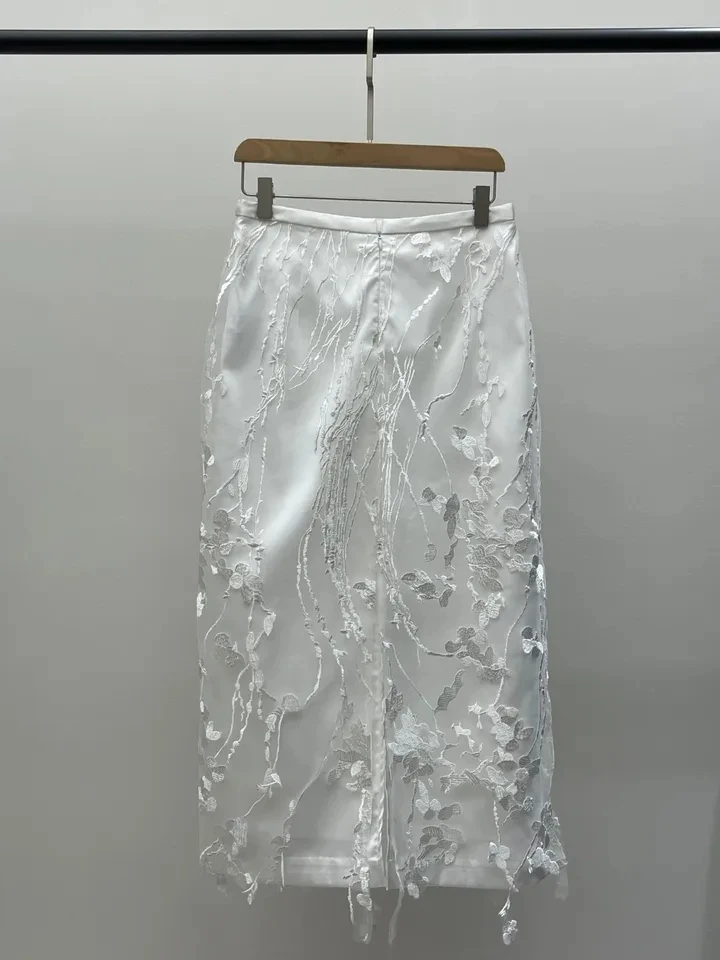 2024SS Summer New Women Vintage Embrodiery White Mesh Midi Skirt for Ladies