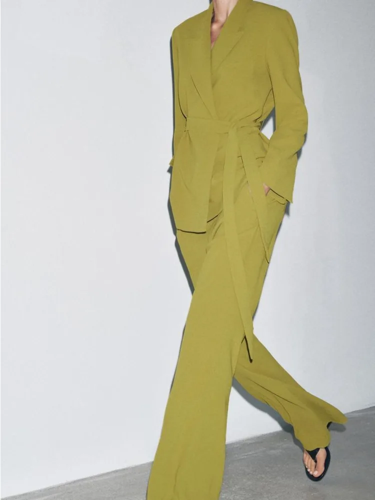 KWTX 2025, Frühlings- und Sommer-Damen-Blazer mit Binde-Taille und Schlaghose, Set, Büro-Chic, zweiteiliges, leichtes Anzug-Outfit