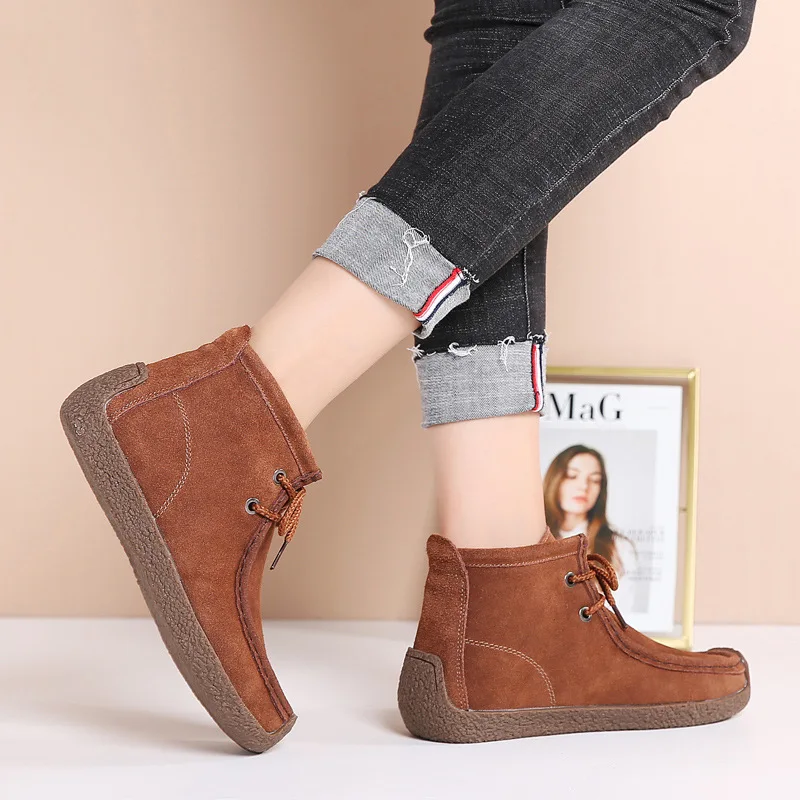 Women Flat Shoes Cow Suede Leather Shoes Autumn Winter Ankle Boots Ladies Casual Soft Moccasins Sneakers Female Handmade Footwea