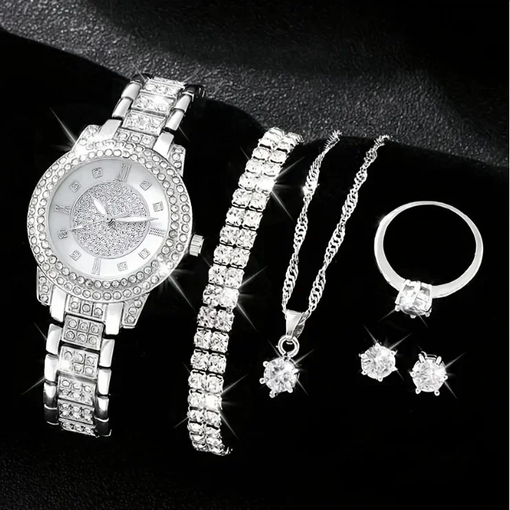 Women's Quartz Watch Gold Luxury Women Ring Necklace Earring Rhinestone Fashion Wristwatch Casual Ladies Watches Jewelry Set