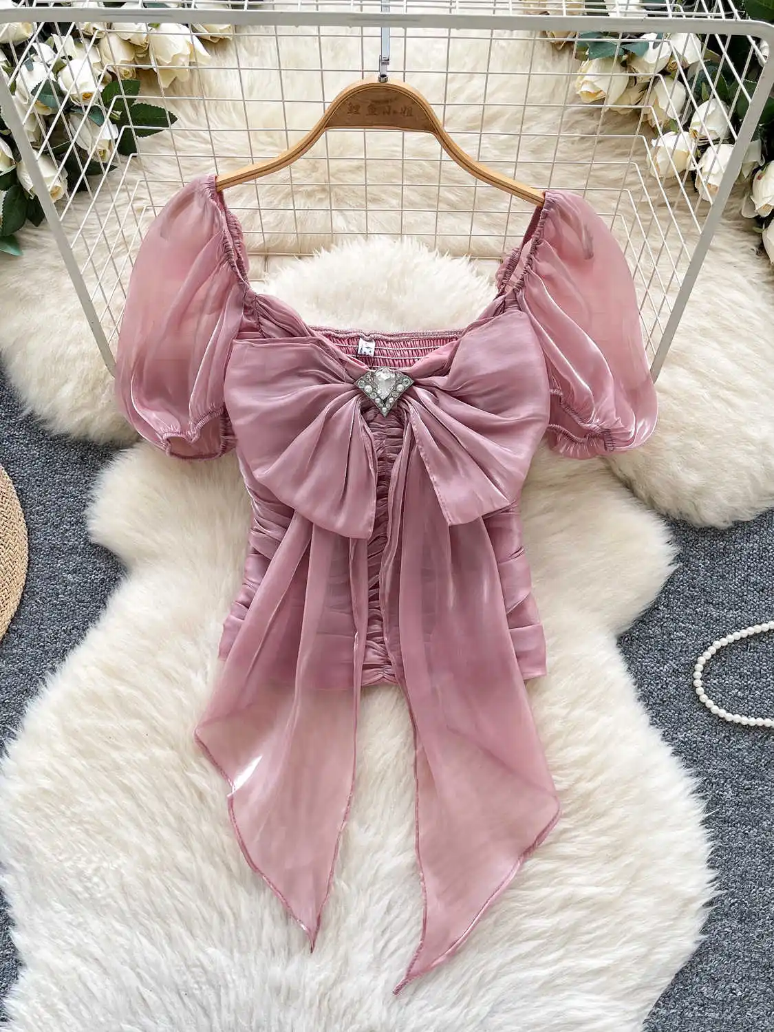 

Women's Pink Bow Shirts Blouses Y2k 90s Vintage Korean 2000s Square Collar Short Sleeve Oversize Shirt Cutecore Clothes Summer