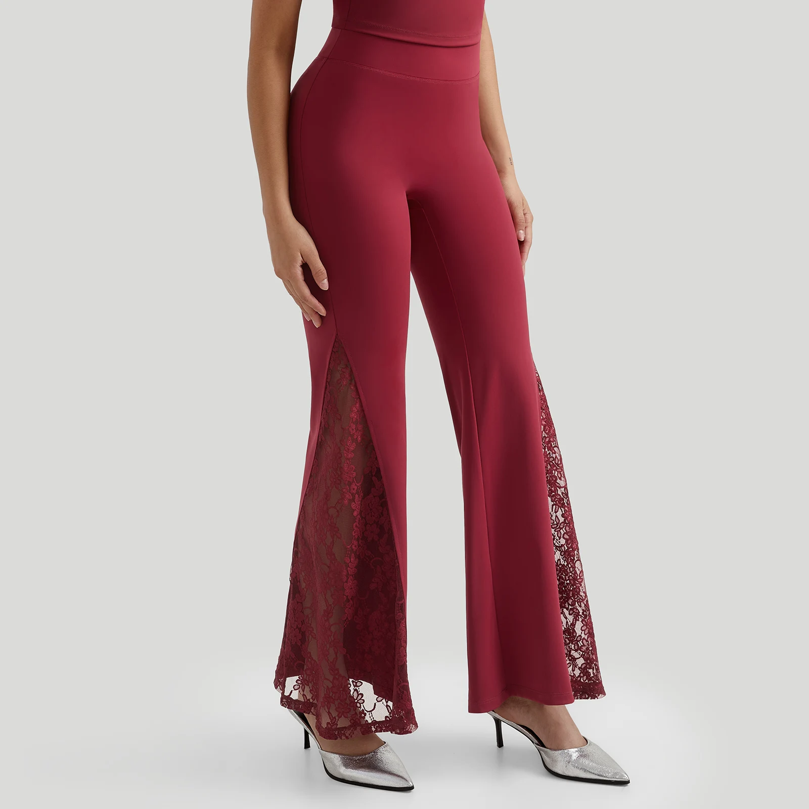 Damen High-Waist Lange Hose mit Nahtdetails, Hüftformend, Sexy Spitzen-Patchwork, Streetwear, Lässige Vintage Weite Beine Schlaghose