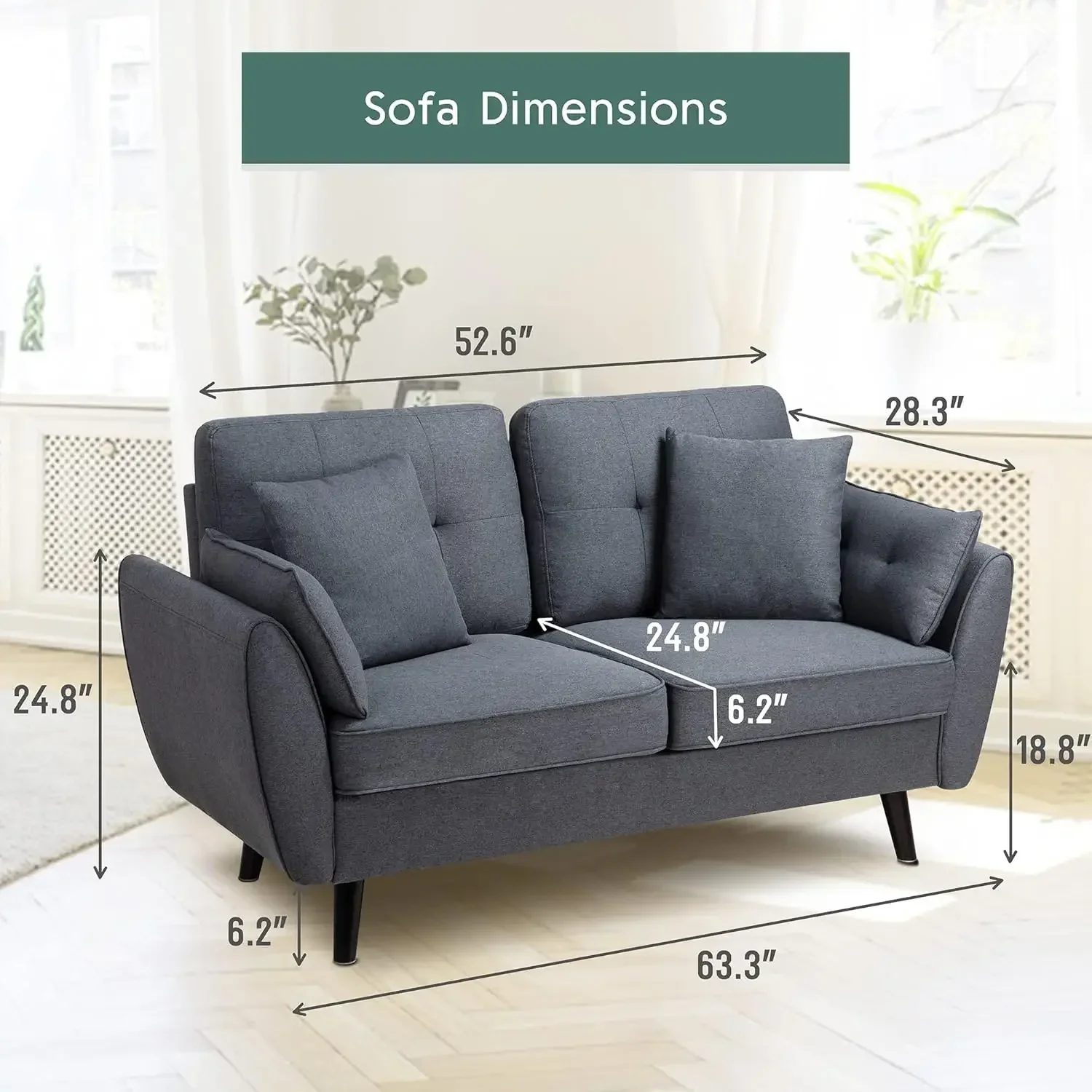 Sofá moderno Loveseat sofá, meados do século sofás para sala de estar, estofados 2 assentos de amor com travesseiro, 63"